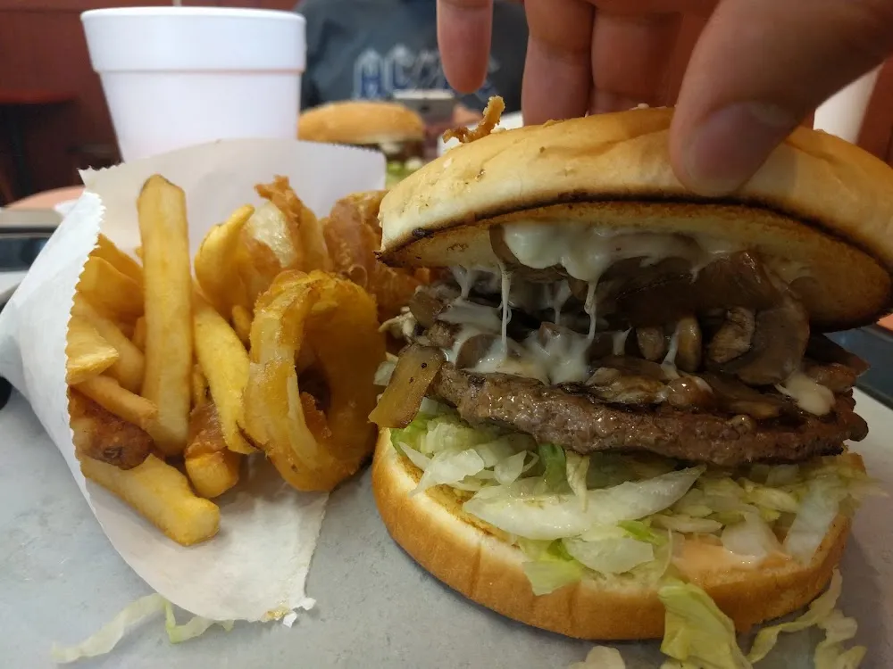 Mushroom Swiss Burger and Fries